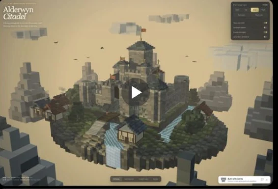 Kimi K3.1 medieval voxel castle with towers, bridge and surrounding landscape.