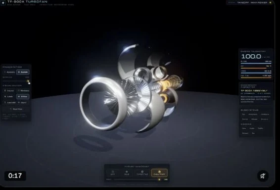 A Qwen 4 turbofan jet engine model with engineering controls.
