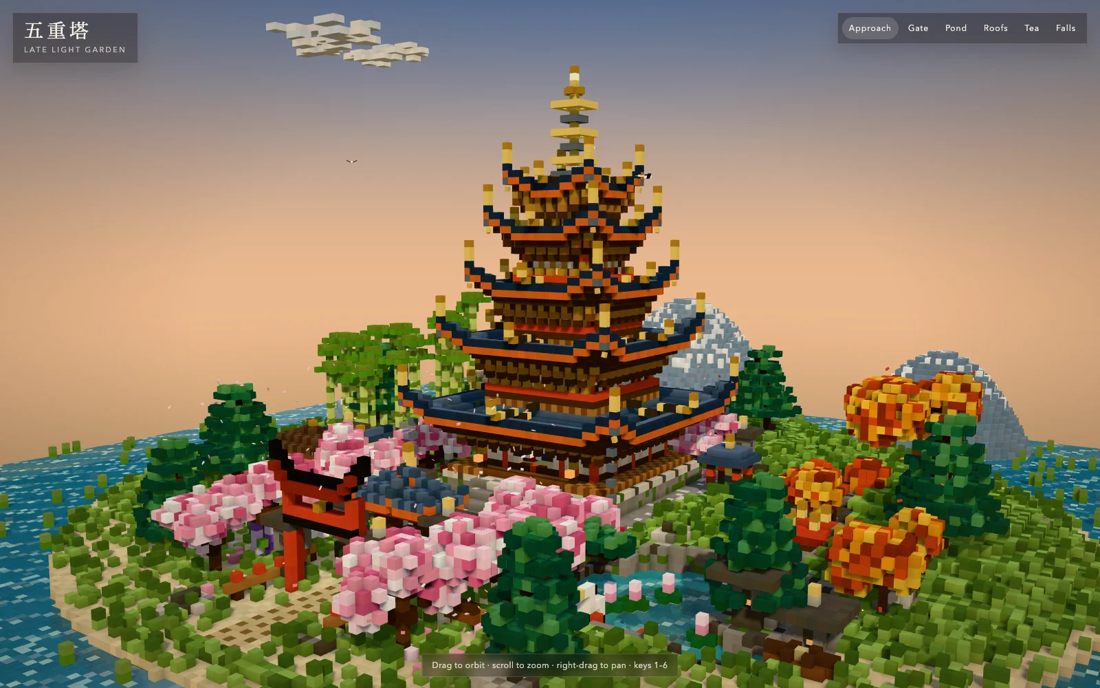 Grok 4.7 xHigh: Voxel Pagoda front three-quarter view.