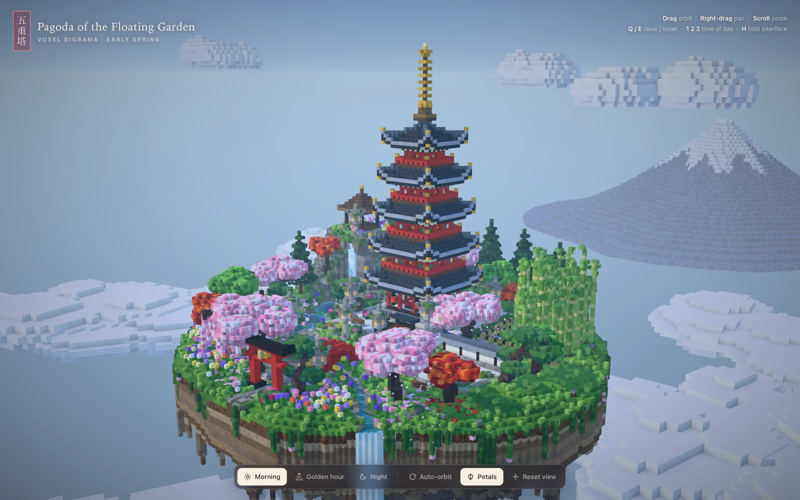 Claude Opus 5.5 Extra: Voxel Pagoda front view.