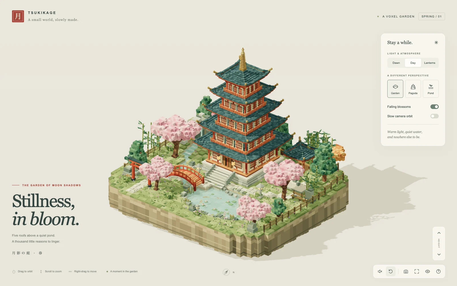 Daylight front three-quarter view of the five-tier voxel pagoda, cherry trees, bridge and koi pond.