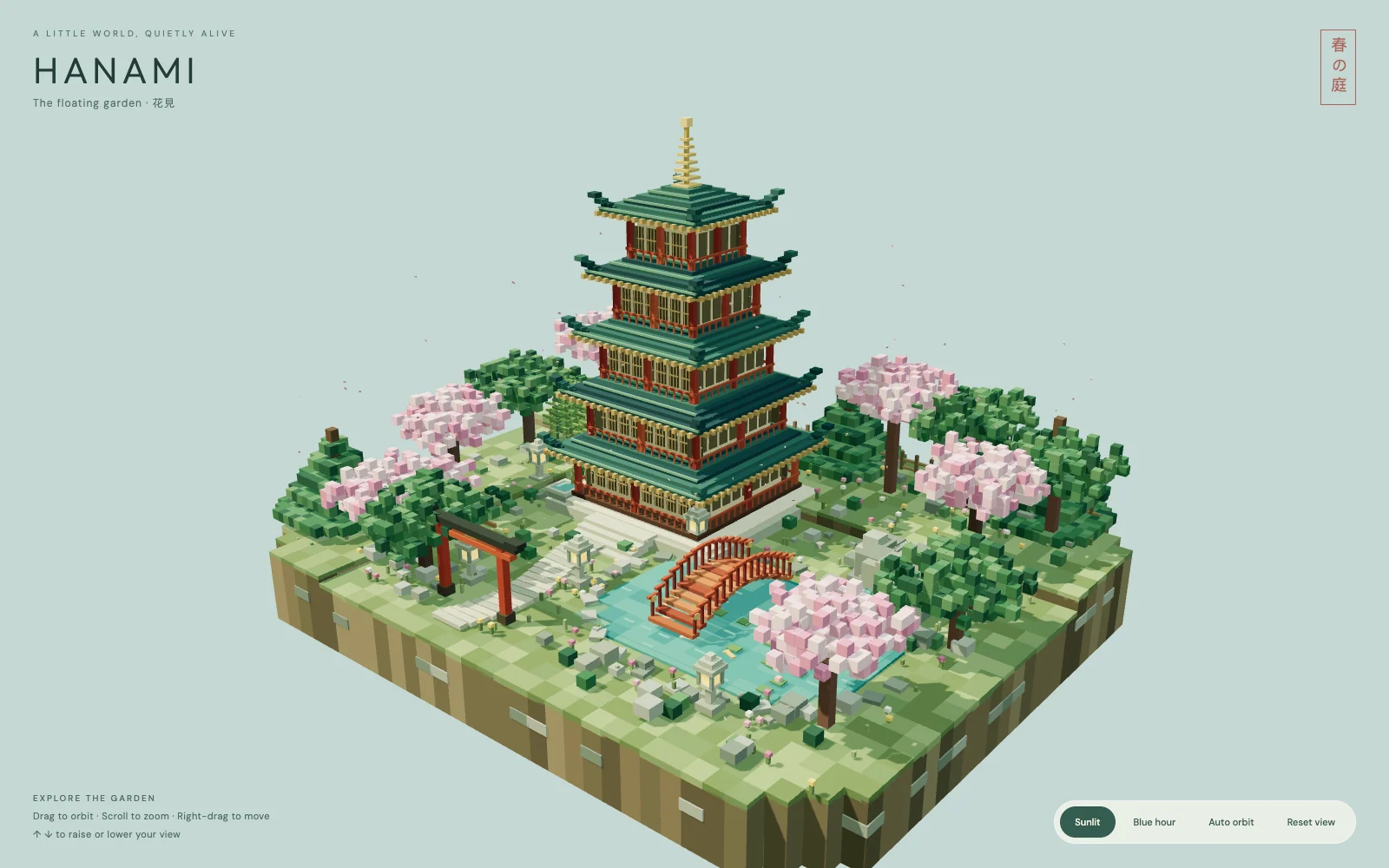 Daylight front three-quarter view of the five-tier voxel pagoda, pink cherry trees, arched bridge and garden pond.