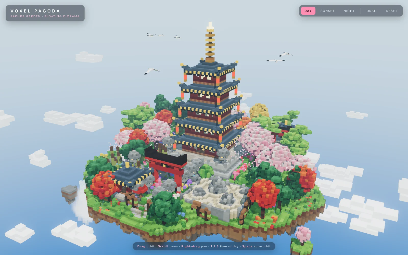 Claude Sonnet 5.5 Extra: Voxel Pagoda front view.