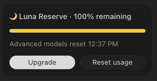 Codex interface notice describing a separate Luna reserve for Plus users